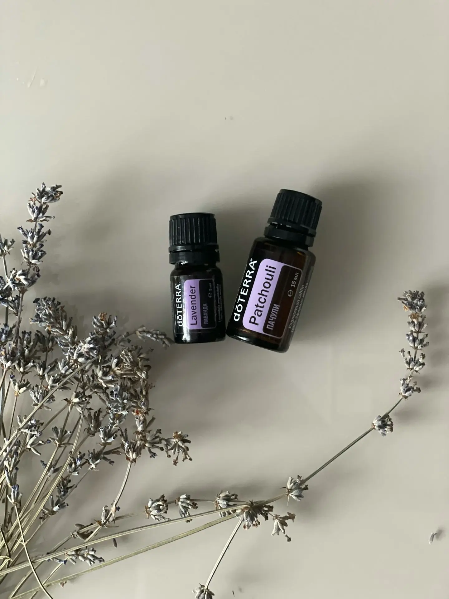 two bottles of essential oils sitting next to a plant